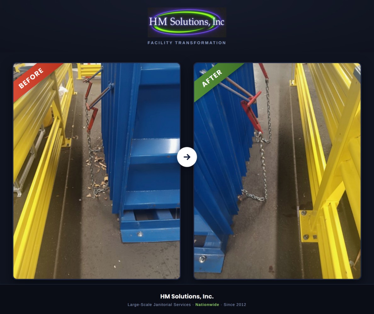 Before and after: an HM Solutions facility cleanup, debris cleared and racking cleaned