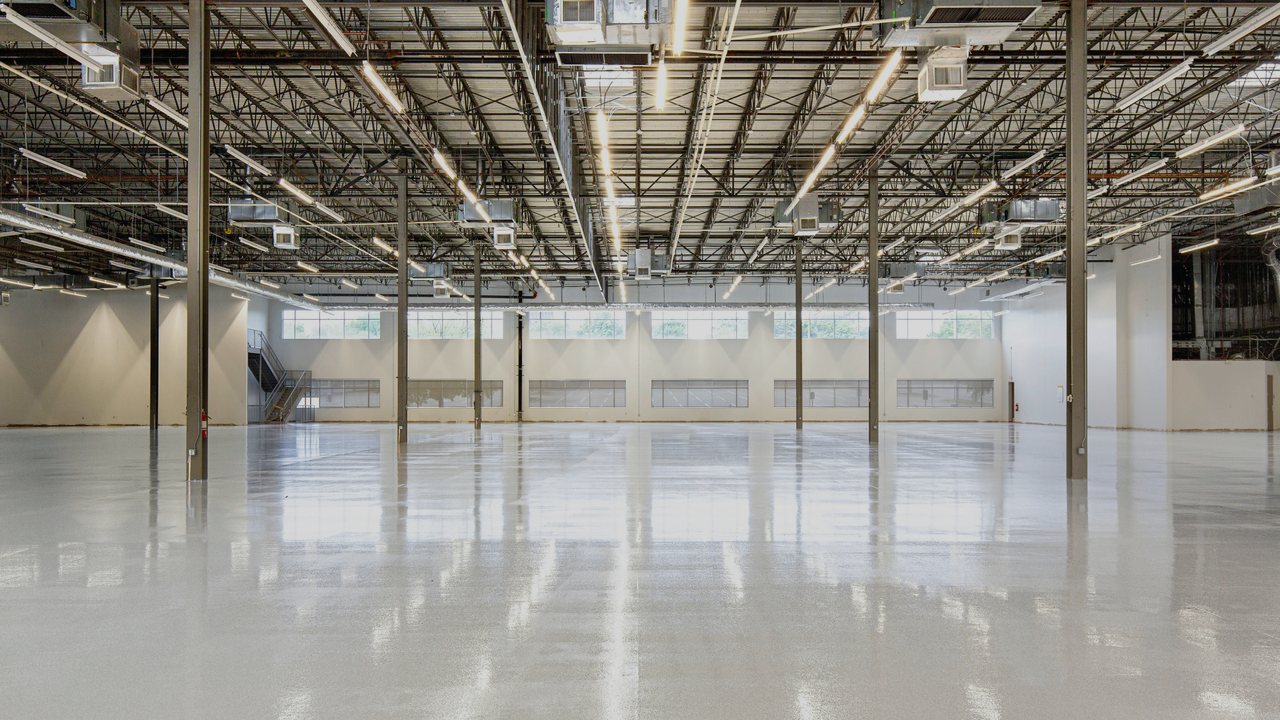 A freshly finished epoxy warehouse floor