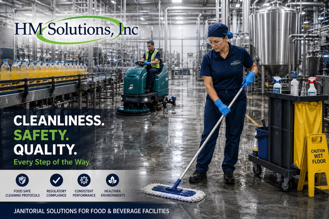 HM Solutions crew performing floor care in a food and beverage bottling plant
