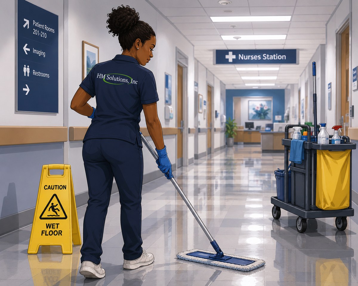 An HM Solutions technician mopping a healthcare corridor with a caution wet floor sign and a stocked cart