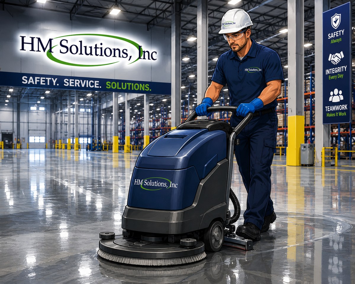An HM Solutions technician in a hard hat, safety glasses, and gloves operating an HM-branded floor scrubber under a Safety Service Solutions banner