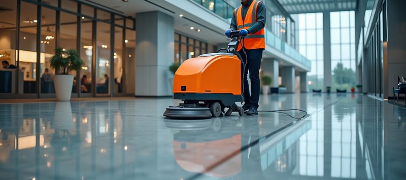 A technician running a floor scrubber across a polished lobby floor